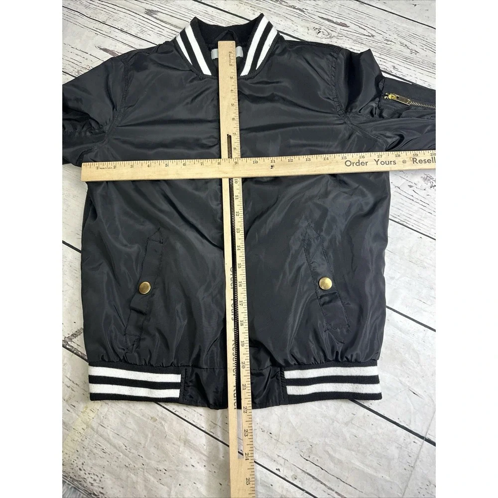 Charlotte Russe Womens Black Bomber Jacket Varsity Stripe Ruched Sleeve XS